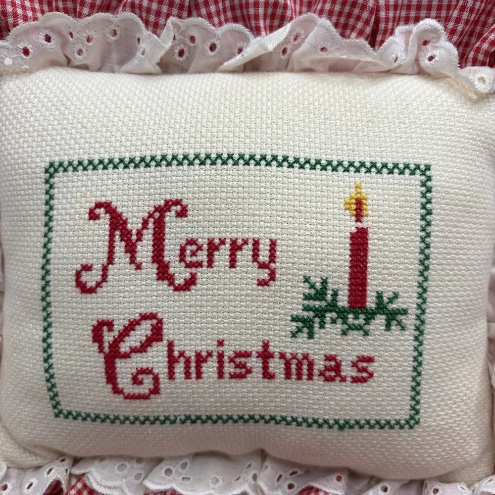 Cross Stitch Pillows Merry Christmas Set Of 2 VTG Gingham Red Trim Throw Pillows